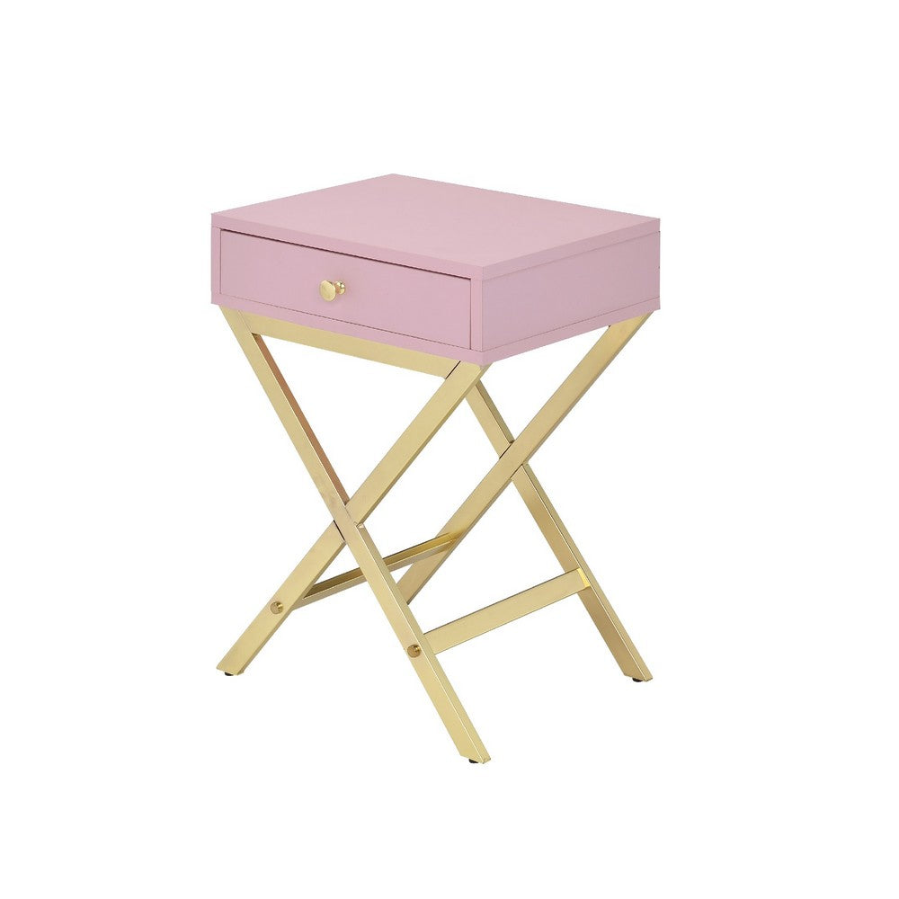 Wood and Metal Side Table with Crossed Base, Pink and Gold - BM204494