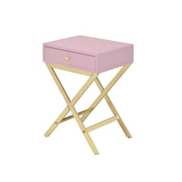 Wood and Metal Side Table with Crossed Base, Pink and Gold - BM204494