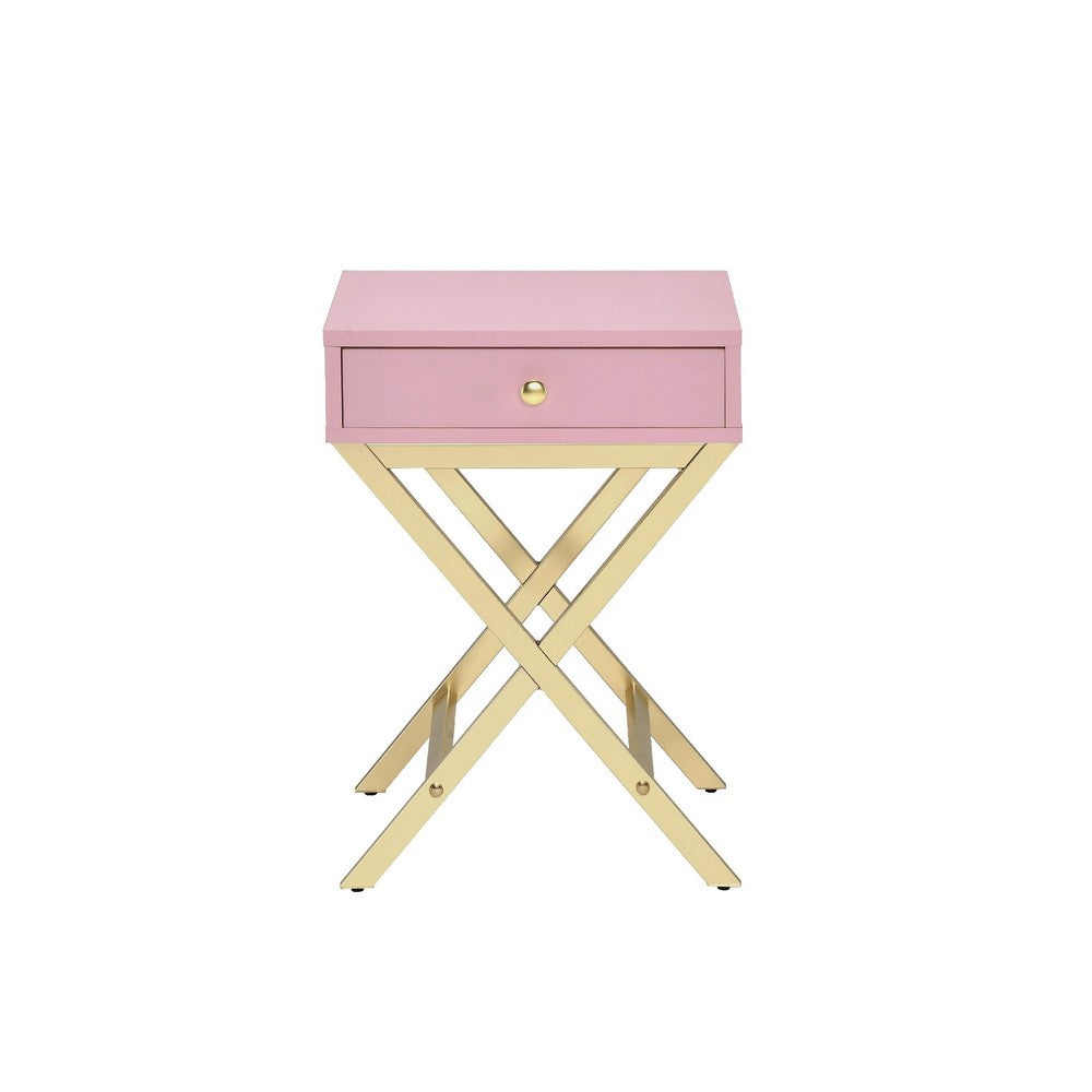 Wood and Metal Side Table with Crossed Base, Pink and Gold - BM204494