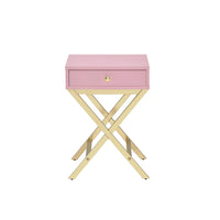 Wood and Metal Side Table with Crossed Base, Pink and Gold - BM204494