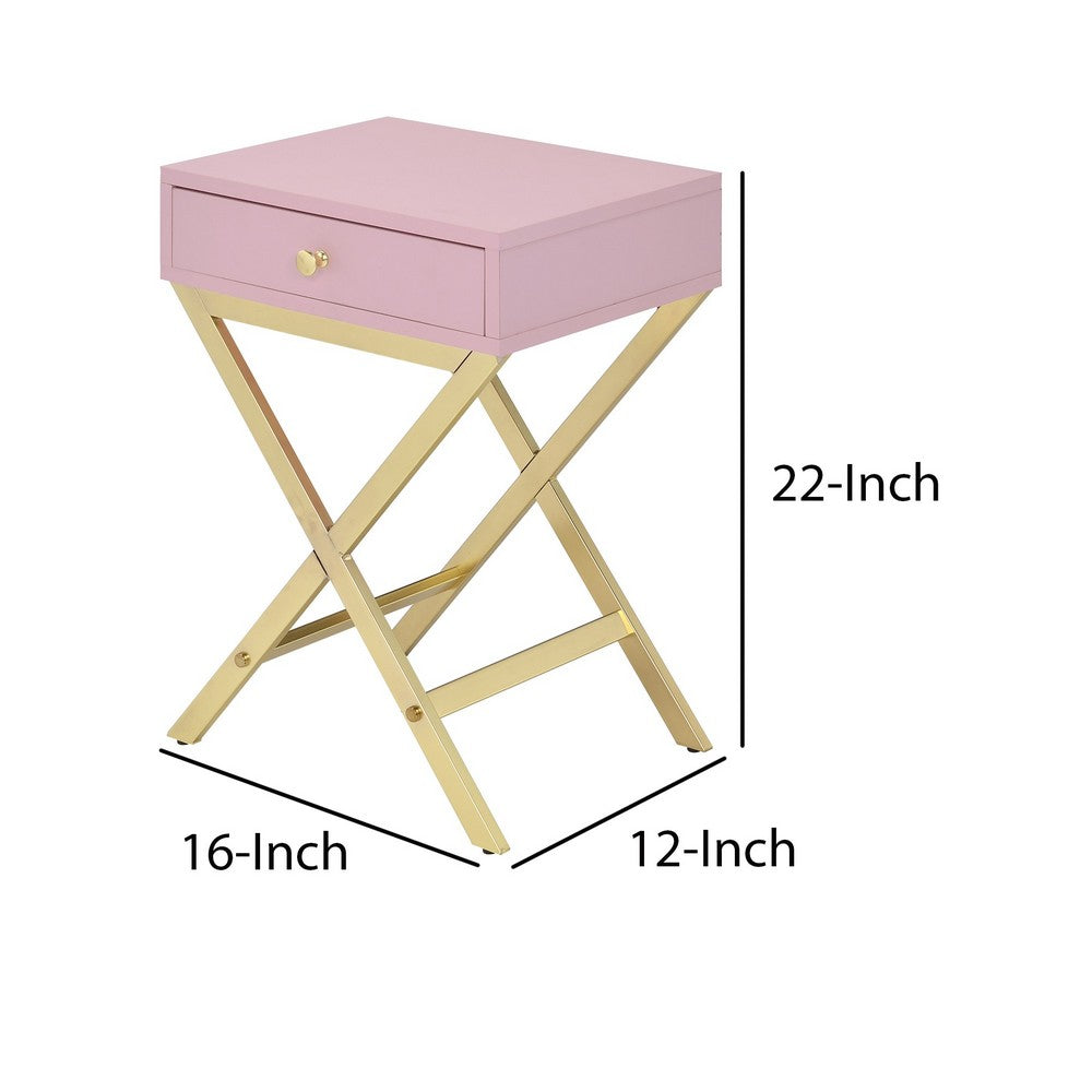 Wood and Metal Side Table with Crossed Base, Pink and Gold - BM204494