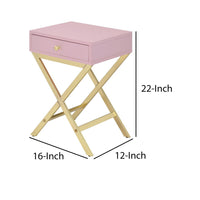 Wood and Metal Side Table with Crossed Base, Pink and Gold - BM204494