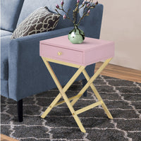 Wood and Metal Side Table with Crossed Base, Pink and Gold - BM204494