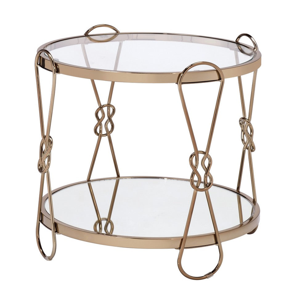 Metal End Table with Mirrored Top and 1 Bottom shelf, Gold and Clear - BM204504