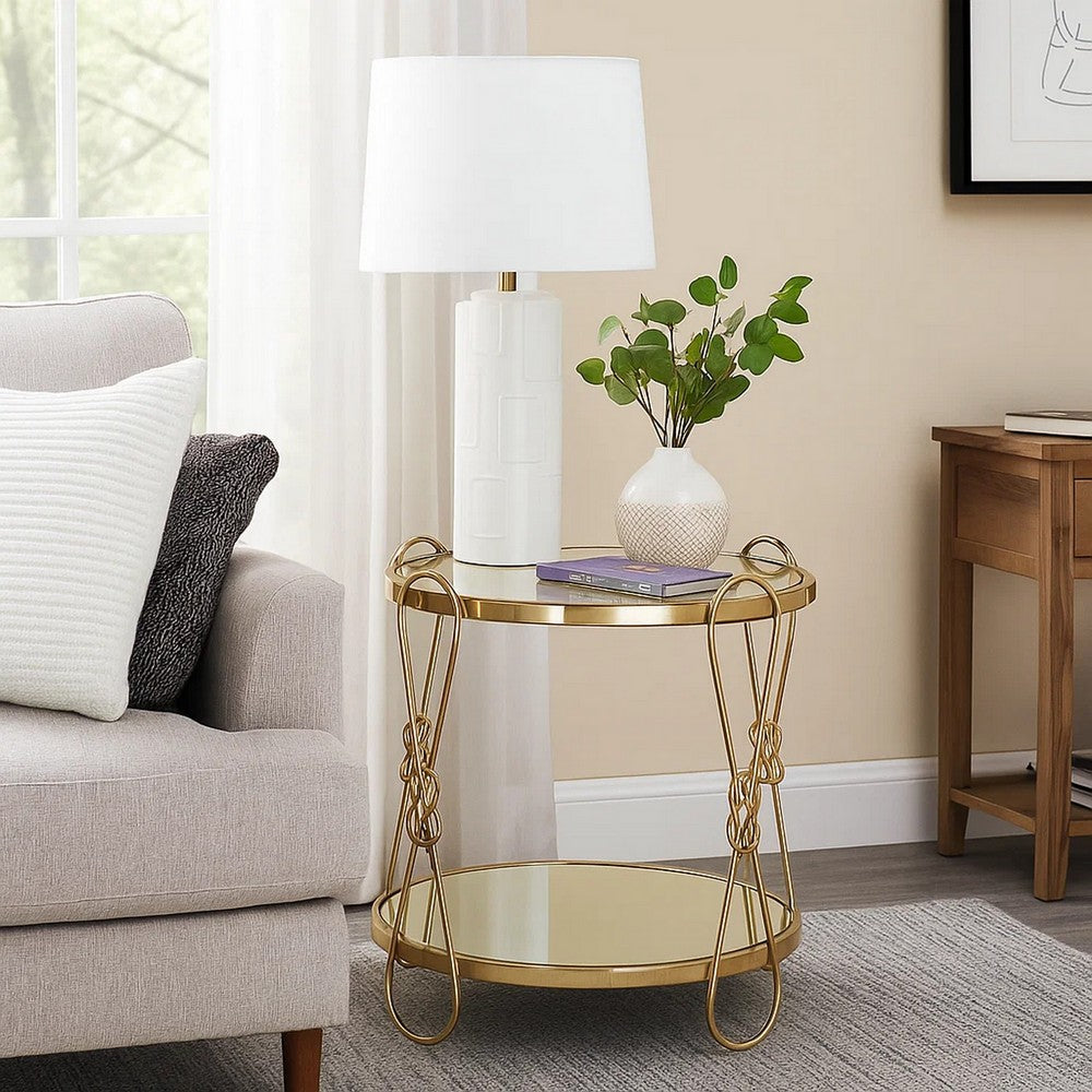 Metal End Table with Mirrored Top and 1 Bottom shelf, Gold and Clear - BM204504