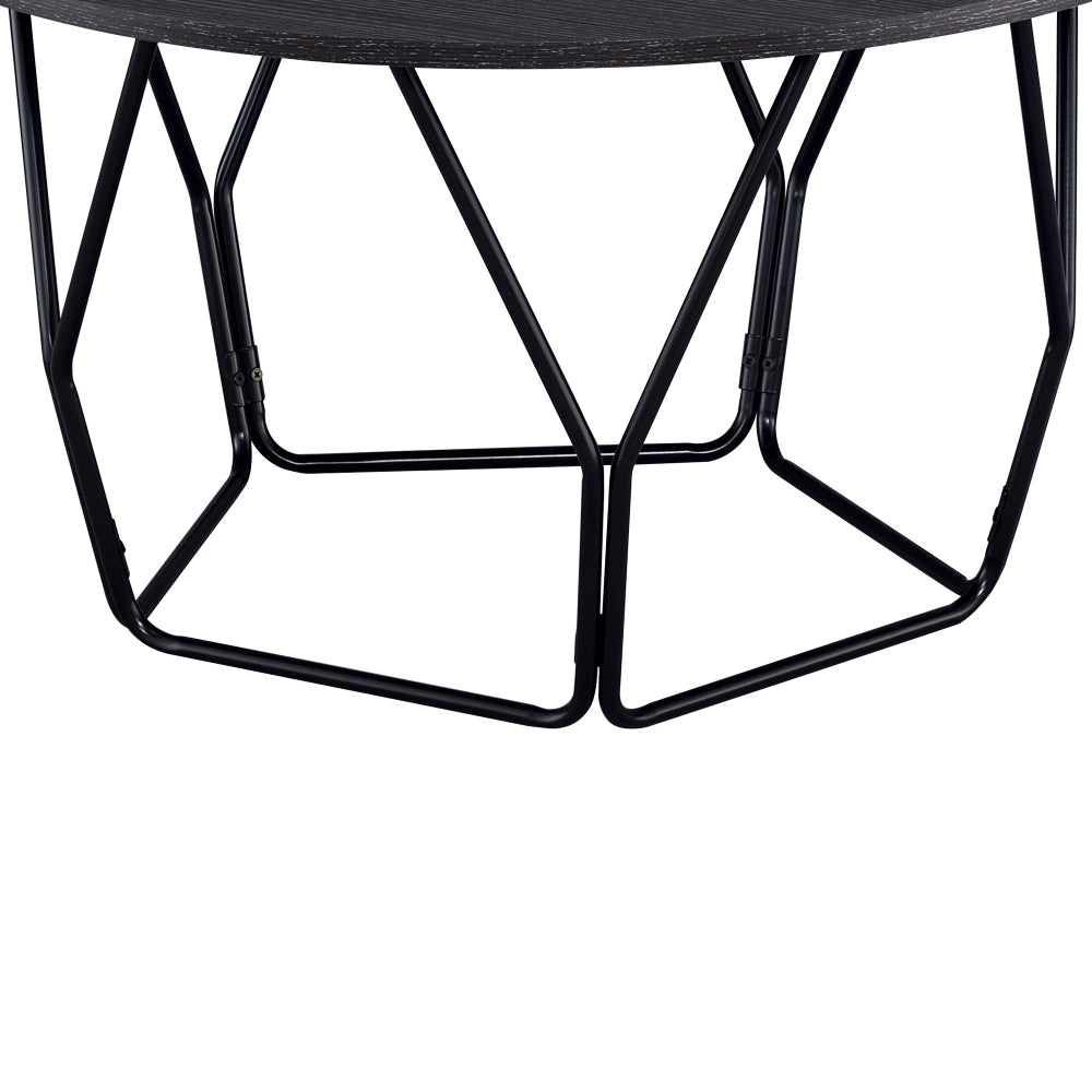Industrial Round Top Wooden Coffee Table with Geometric Base, Black - BM204505