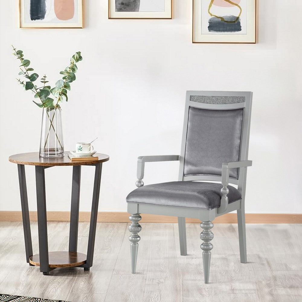 Crystal Inlaid Fabric Upholstered Wooden Arm Chair, Set of 2, Silver - BM204531