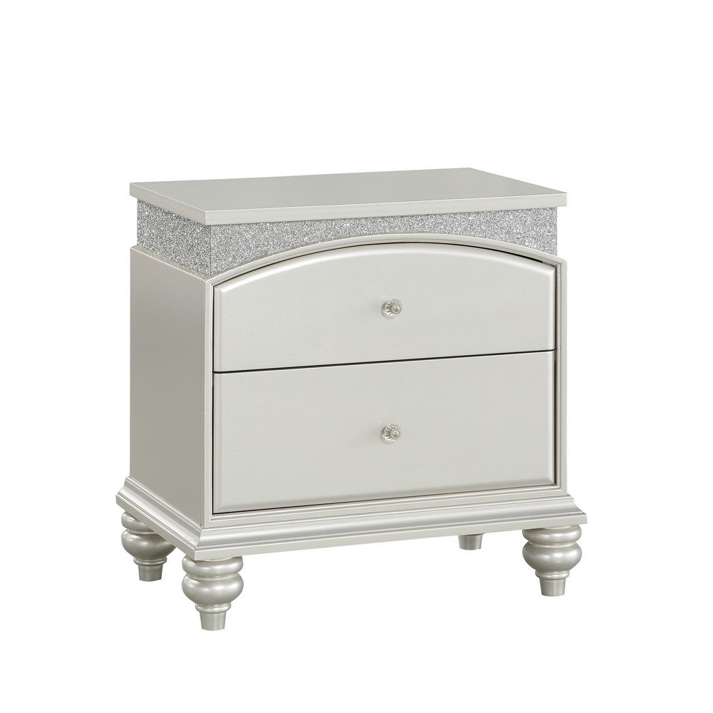 Modern Style 2 Drawer Wooden Nightstand with Rhinestone Inlays, Silver - BM204548