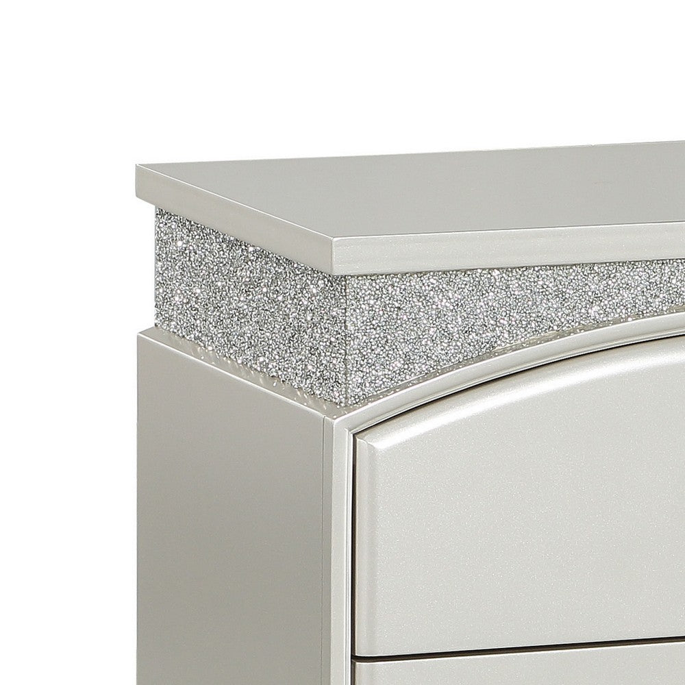 Modern Style 2 Drawer Wooden Nightstand with Rhinestone Inlays, Silver - BM204548