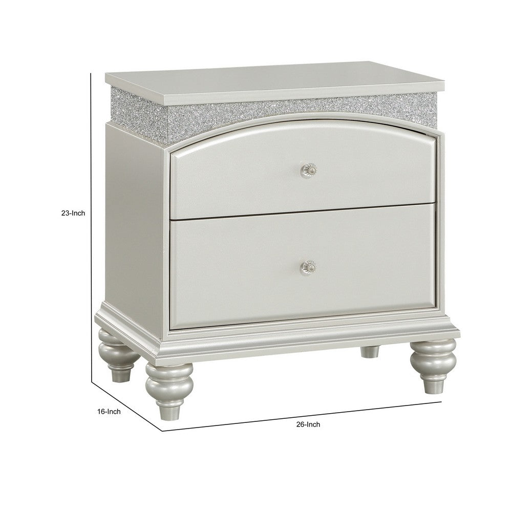 Modern Style 2 Drawer Wooden Nightstand with Rhinestone Inlays, Silver - BM204548