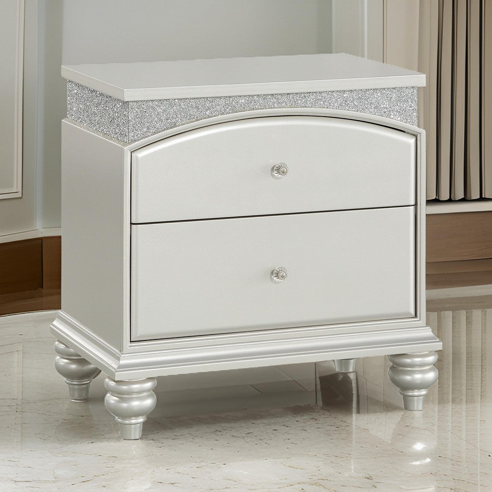 Modern Style 2 Drawer Wooden Nightstand with Rhinestone Inlays, Silver - BM204548