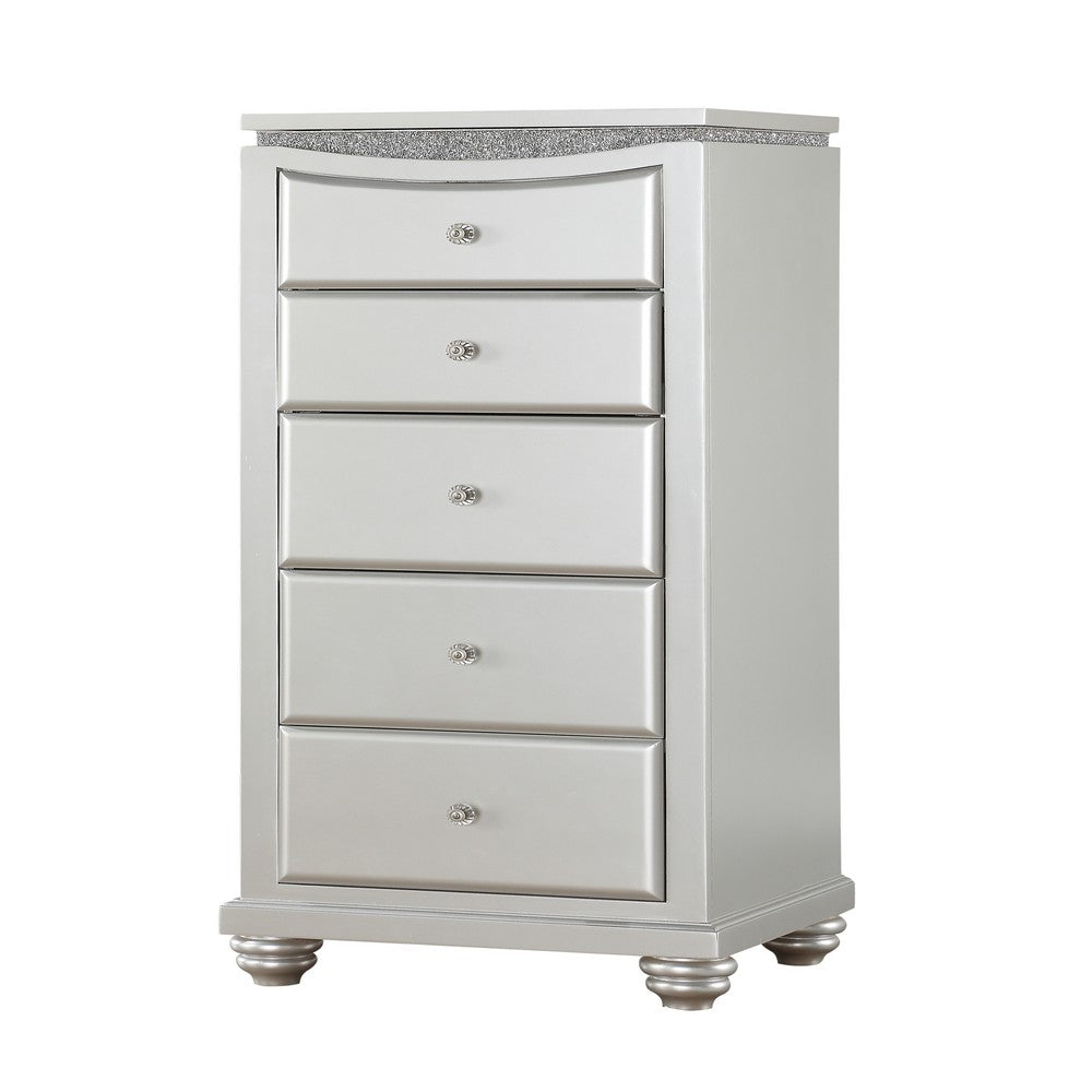 Modern Style 5 Drawer Wooden Chest with Flip Top Mirror, Silver - BM204552