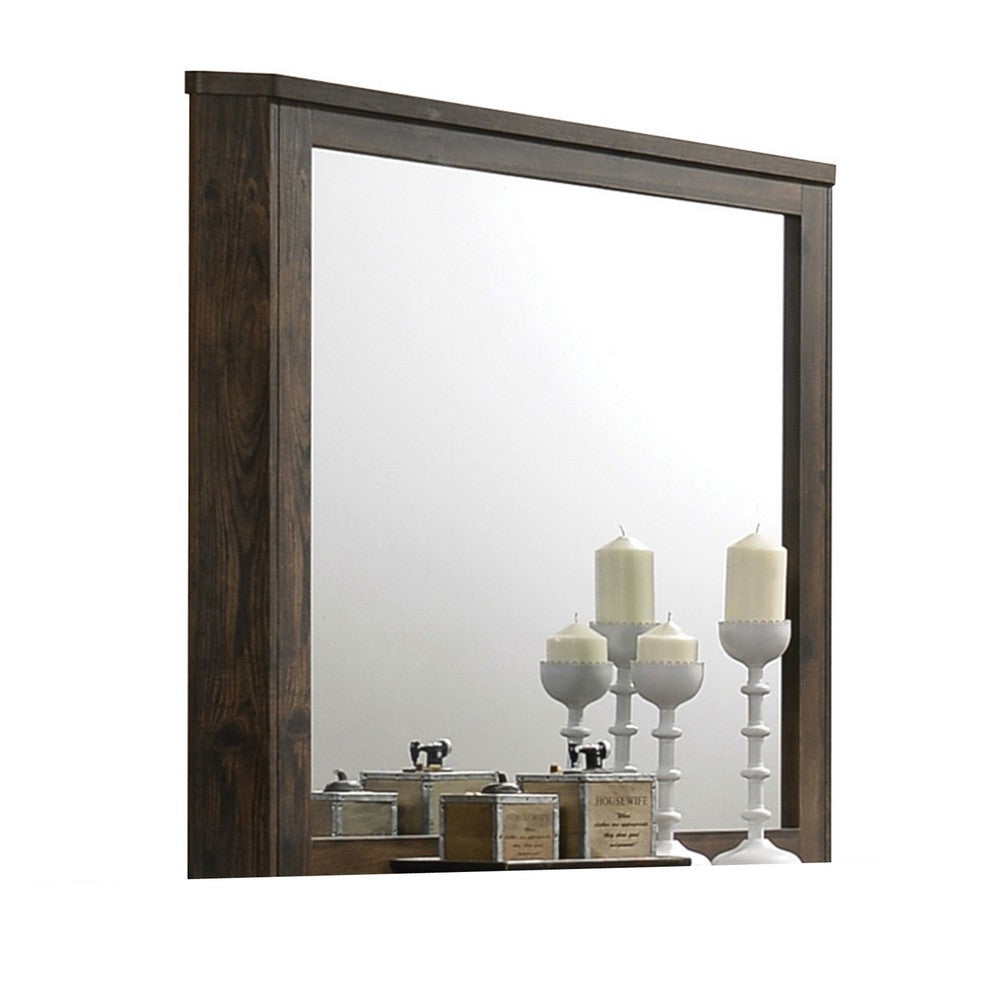 Transitional Style Wooden Decorative Mirror with Grooved Panels, Brown - BM204558