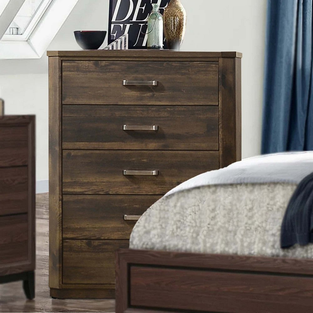 Transitional Style 5 Drawer Wooden Chest with Plinth Base, Brown - BM204560