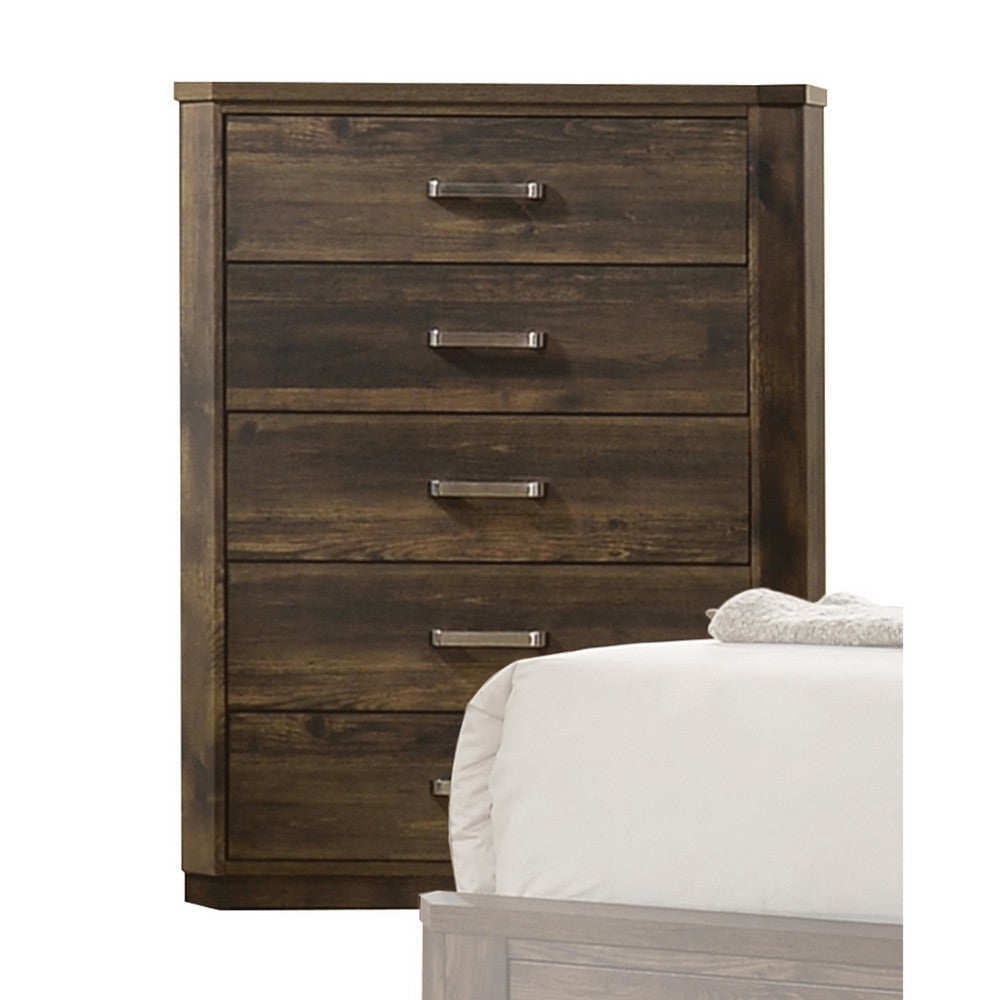 Transitional Style 5 Drawer Wooden Chest with Plinth Base, Brown - BM204560