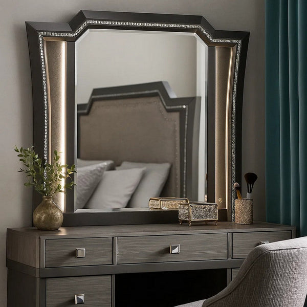 Contemporary Style Wooden Decorative Mirror with LED Lights, Gray - BM204568