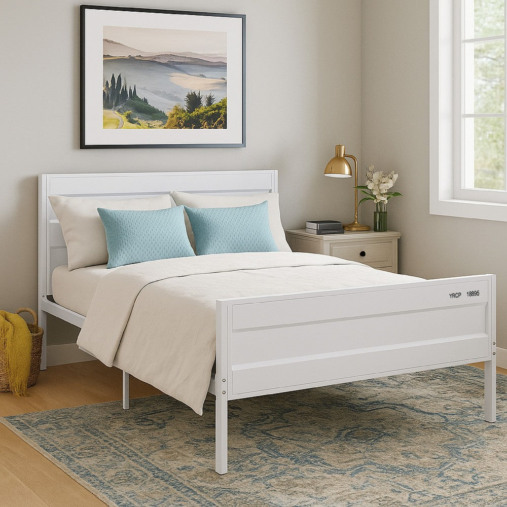 Industrial Style Metal Full Size Bed with Straight Leg Support, White - BM204605