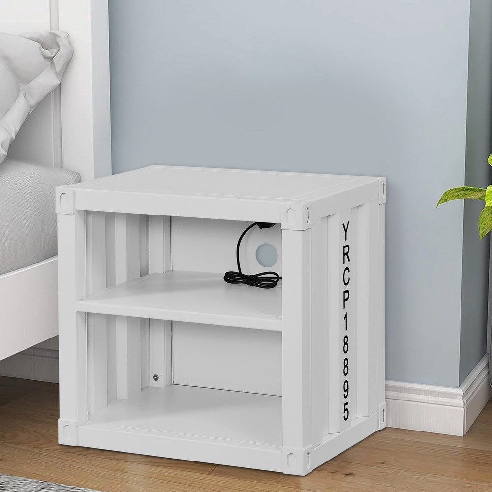Metal Nightstand with 2 Open Compartment and USB Port, White - BM204606