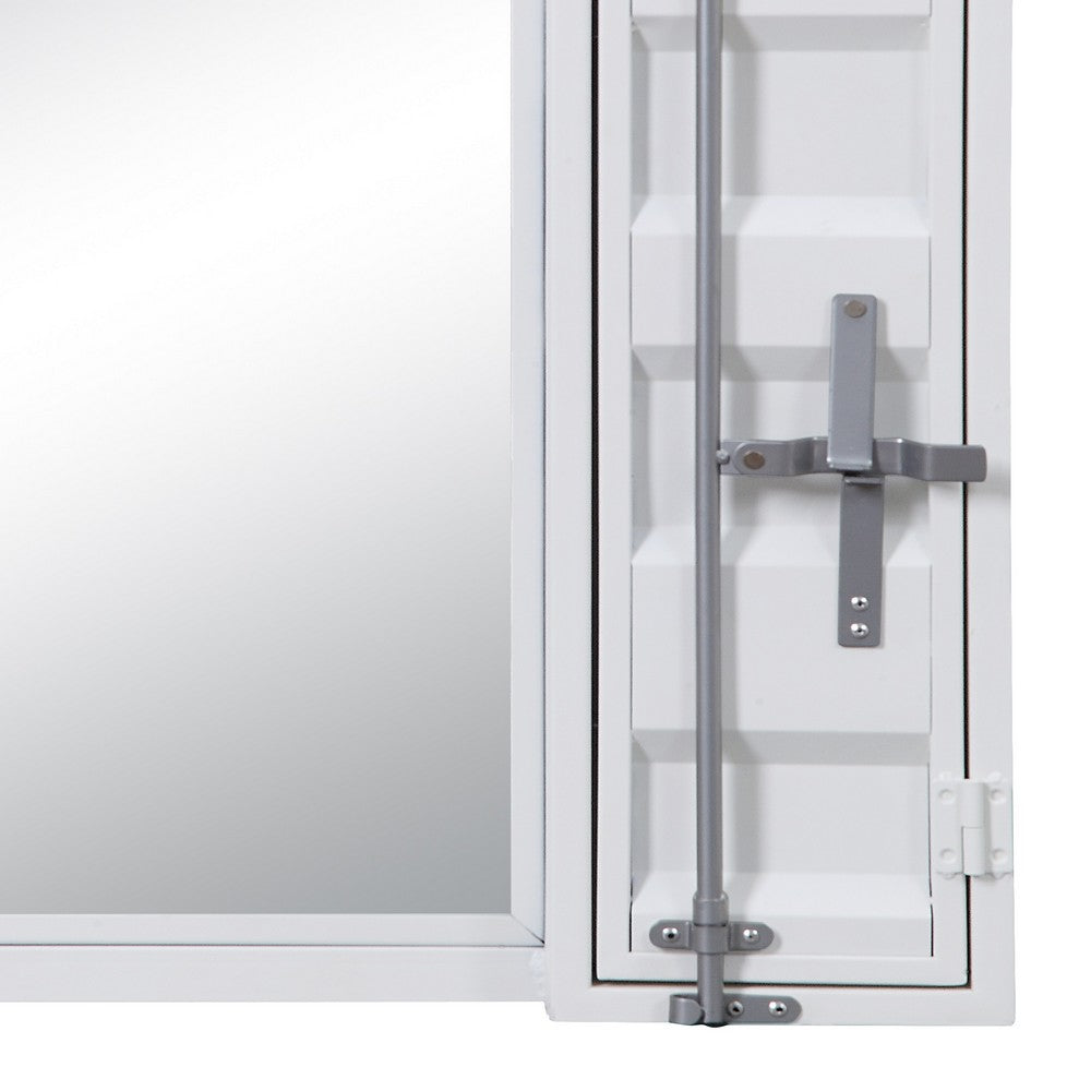 Industrial Style Metal Vanity Mirror with Recessed Door Storage, White - BM204607