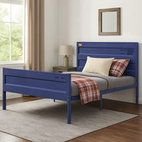 Industrial Style Metal Full Size Bed with Straight Leg Support, Blue - BM204621