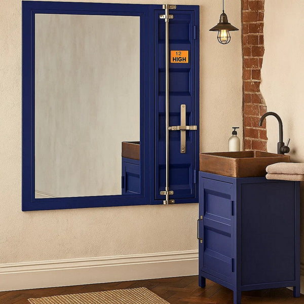 Industrial Style Metal Vanity Mirror with Recessed Door Front, Blue - BM204623