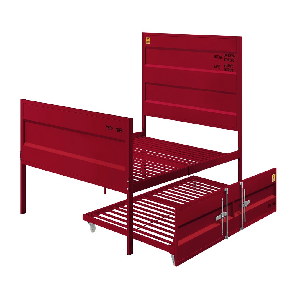 Industrial Style Metal Full Size Bed with Straight Leg Support, Red - BM204629