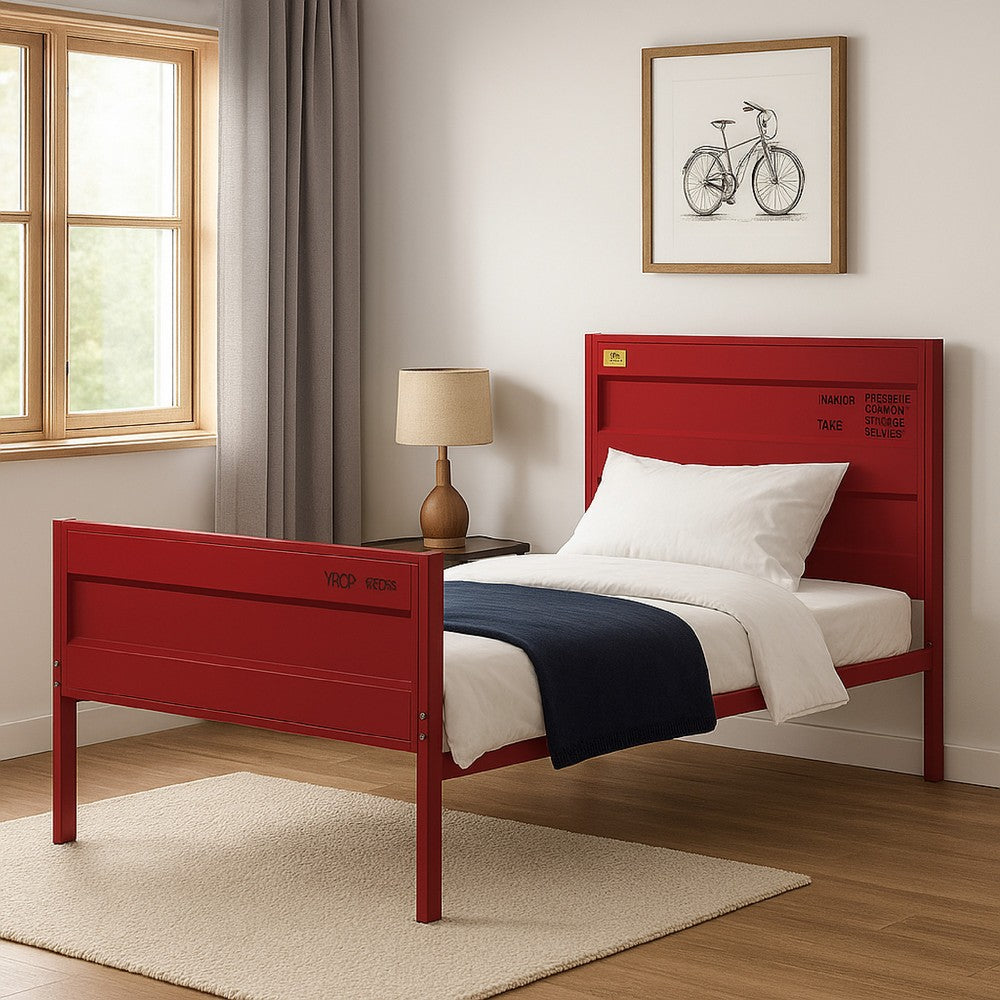Industrial Style Metal Full Size Bed with Straight Leg Support, Red - BM204629