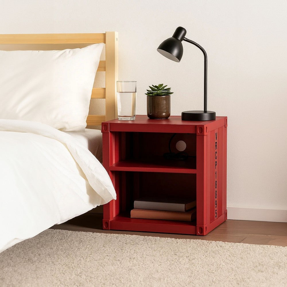 Metal Nightstand with 2 Open Compartment and USB Port, Red - BM204630