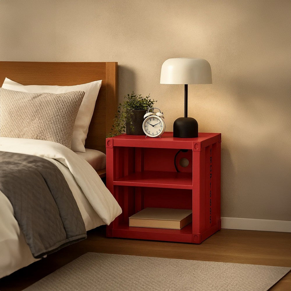 Metal Nightstand with 2 Open Compartment and USB Port, Red - BM204630
