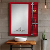 Industrial Style Metal Vanity Mirror with Recessed Door Storage, Red - BM204631