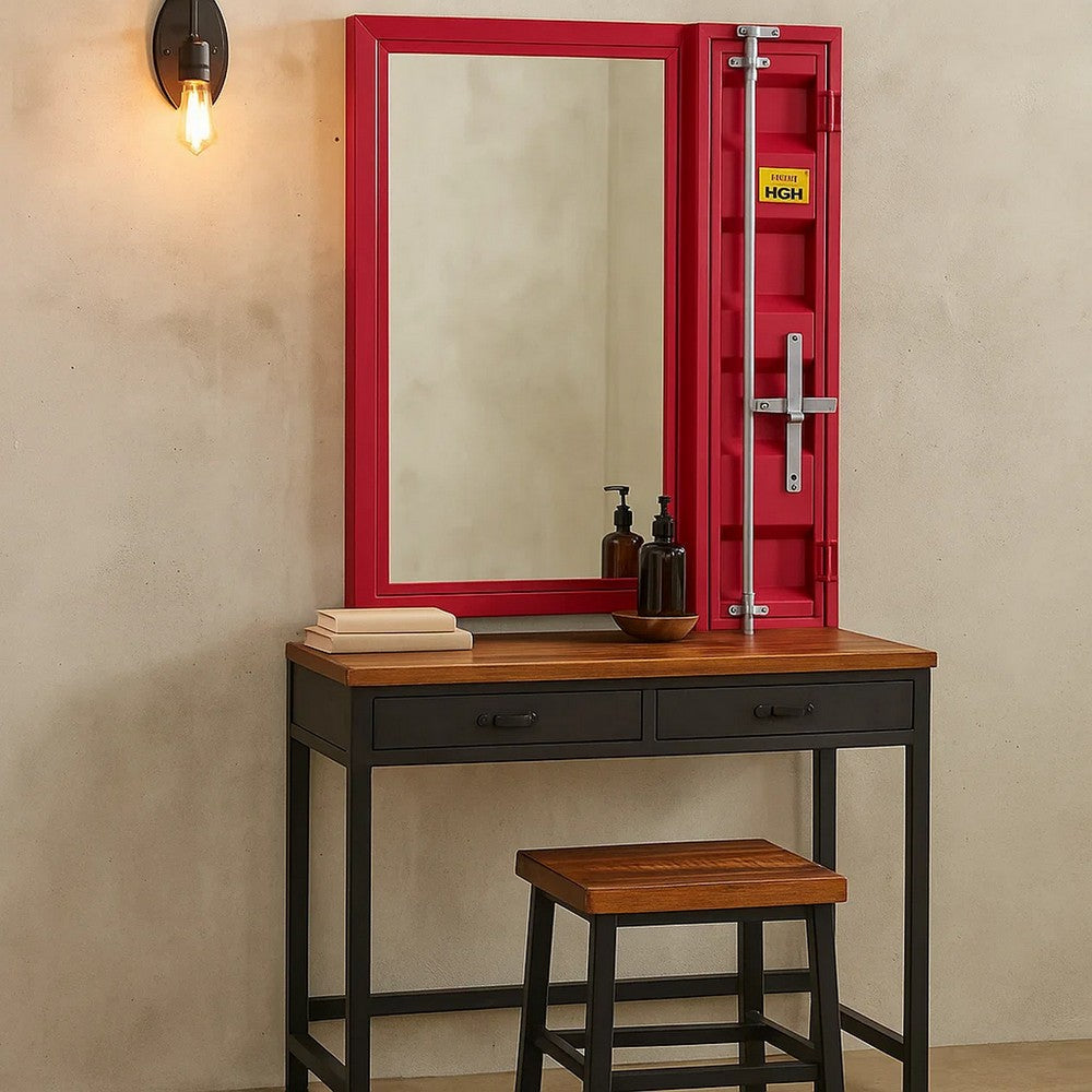 Industrial Style Metal Vanity Mirror with Recessed Door Storage, Red - BM204631
