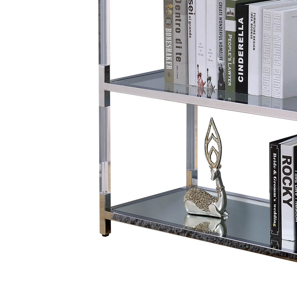 Metal and Glass Sofa Table with 2 Open Shelves, Silver and Clear - BM205335