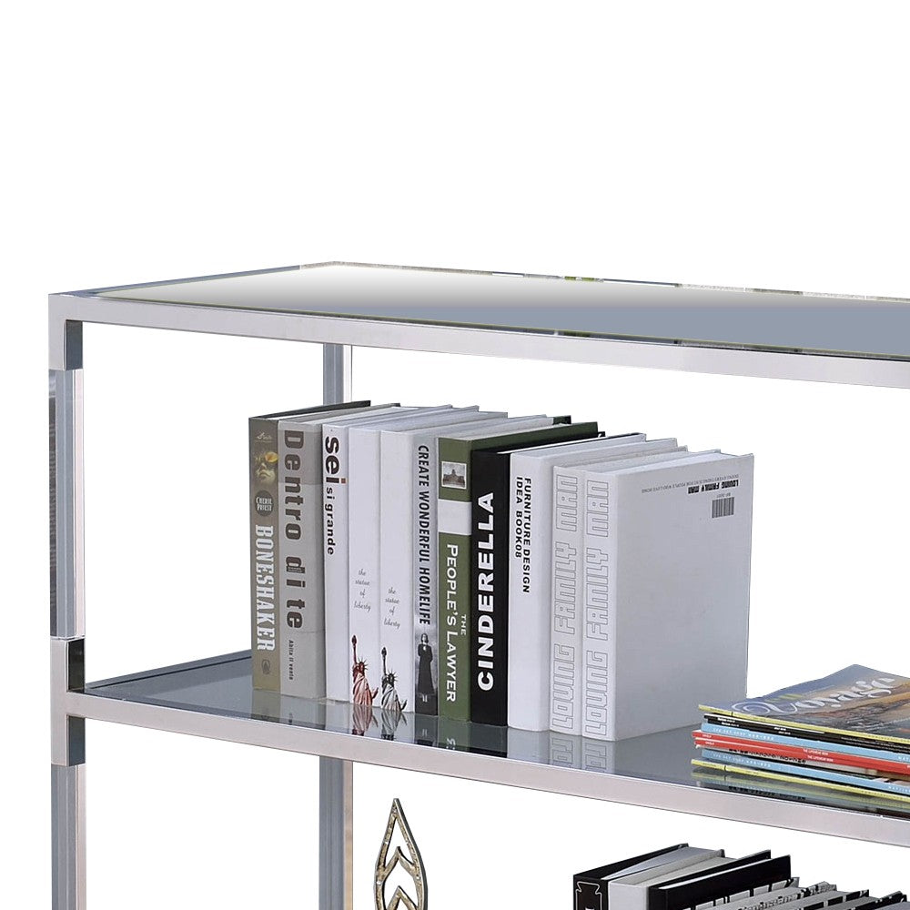 Metal and Glass Sofa Table with 2 Open Shelves, Silver and Clear - BM205335