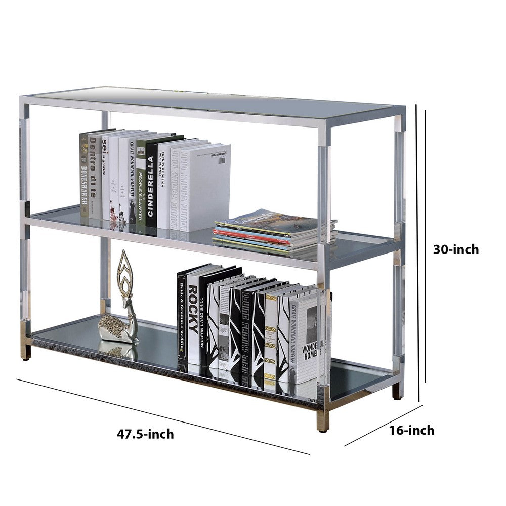 Metal and Glass Sofa Table with 2 Open Shelves, Silver and Clear - BM205335