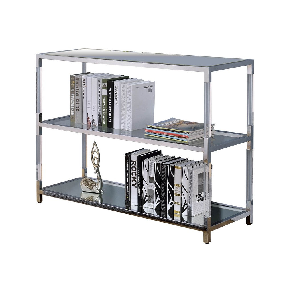 Metal and Glass Sofa Table with 2 Open Shelves, Silver and Clear - BM205335
