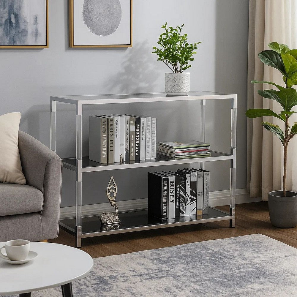 Metal and Glass Sofa Table with 2 Open Shelves, Silver and Clear - BM205335