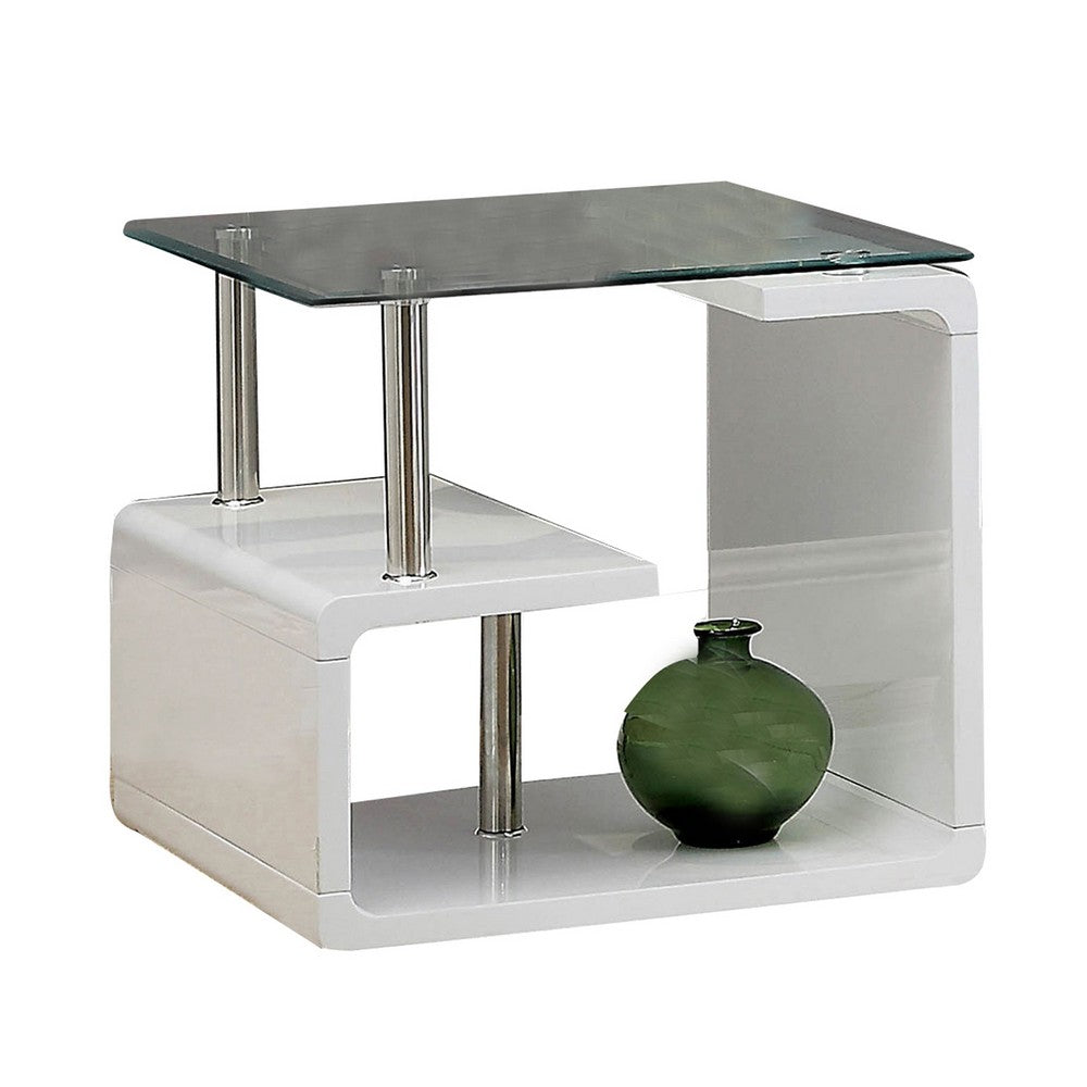 Contemporary End Table with Multi Level Curled Open Shelf, White - BM205341