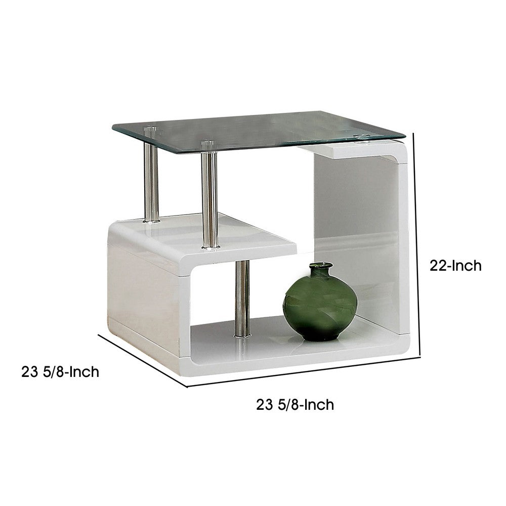Contemporary End Table with Multi Level Curled Open Shelf, White - BM205341