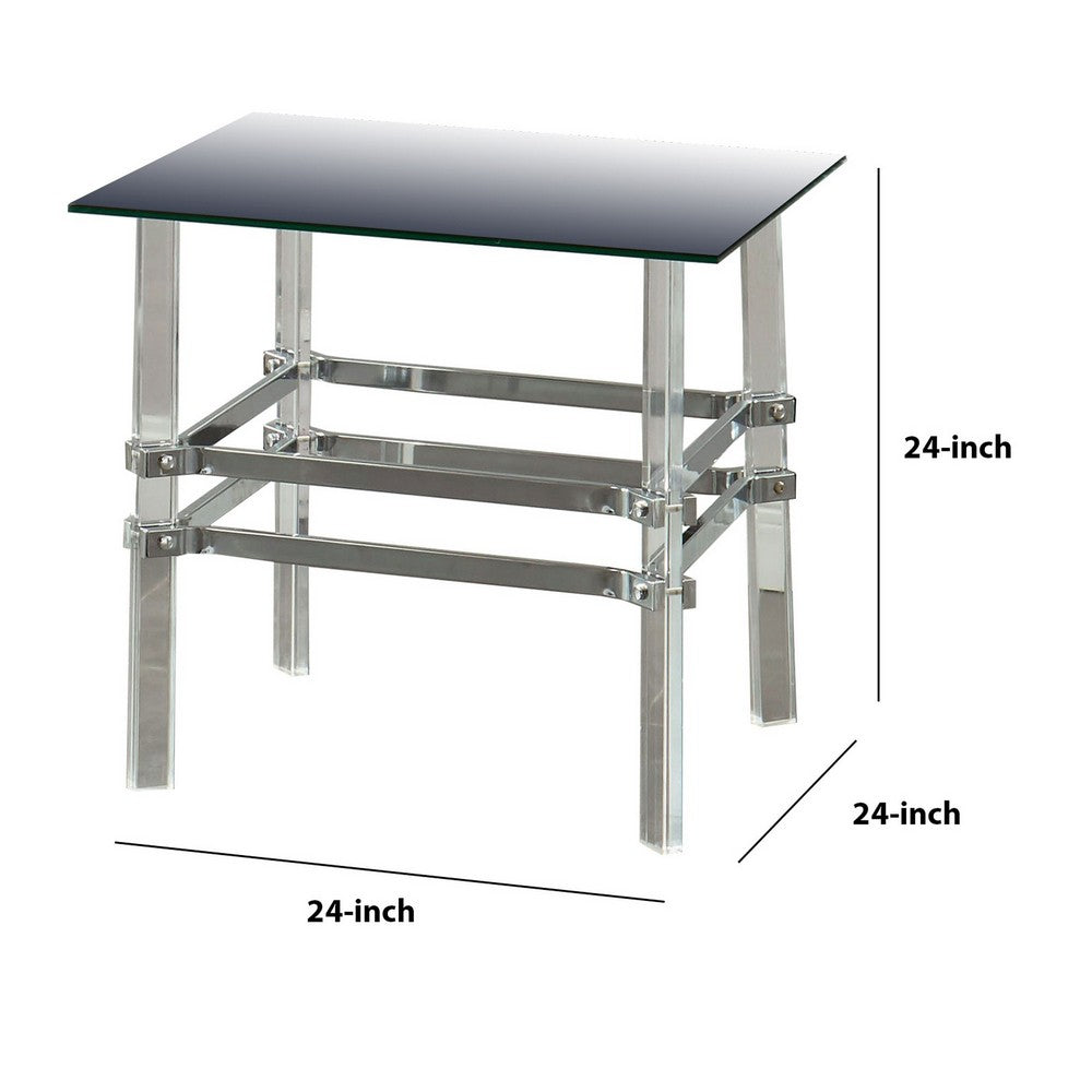 Square Glass and Metal End Table with Tubular Legs, Silver and Clear - BM205374