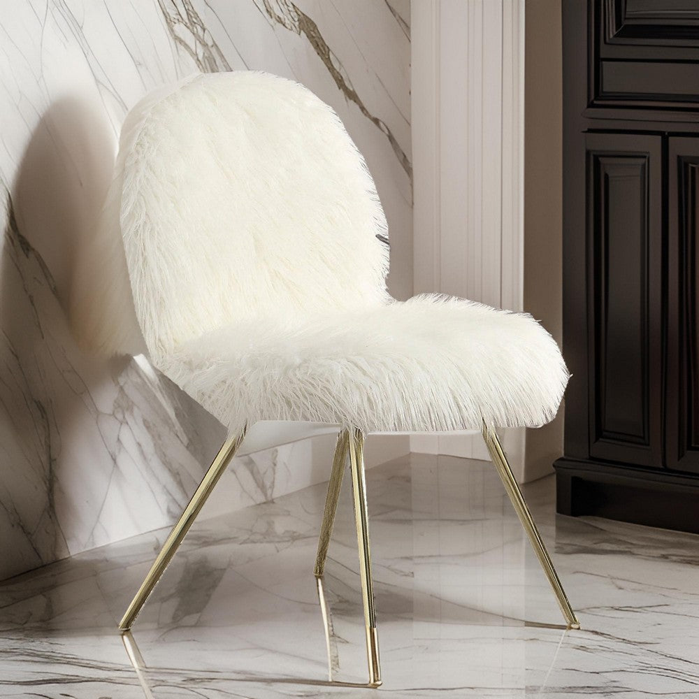 Faux Fur Upholstered Contemporary Metal Accent Chair, White and Gold - BM205377