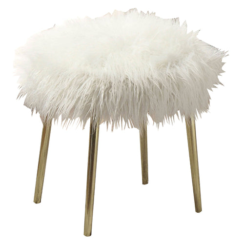 Faux Fur Upholstered Contemporary Metal Ottoman, White and Gold - BM205378