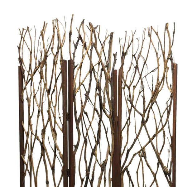 3 Panel Contemporary Foldable Wood Screen with Tree Branches, Brown - BM205387
