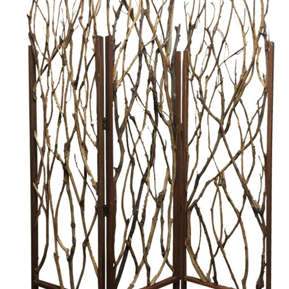 3 Panel Contemporary Foldable Wood Screen with Tree Branches, Brown - BM205387