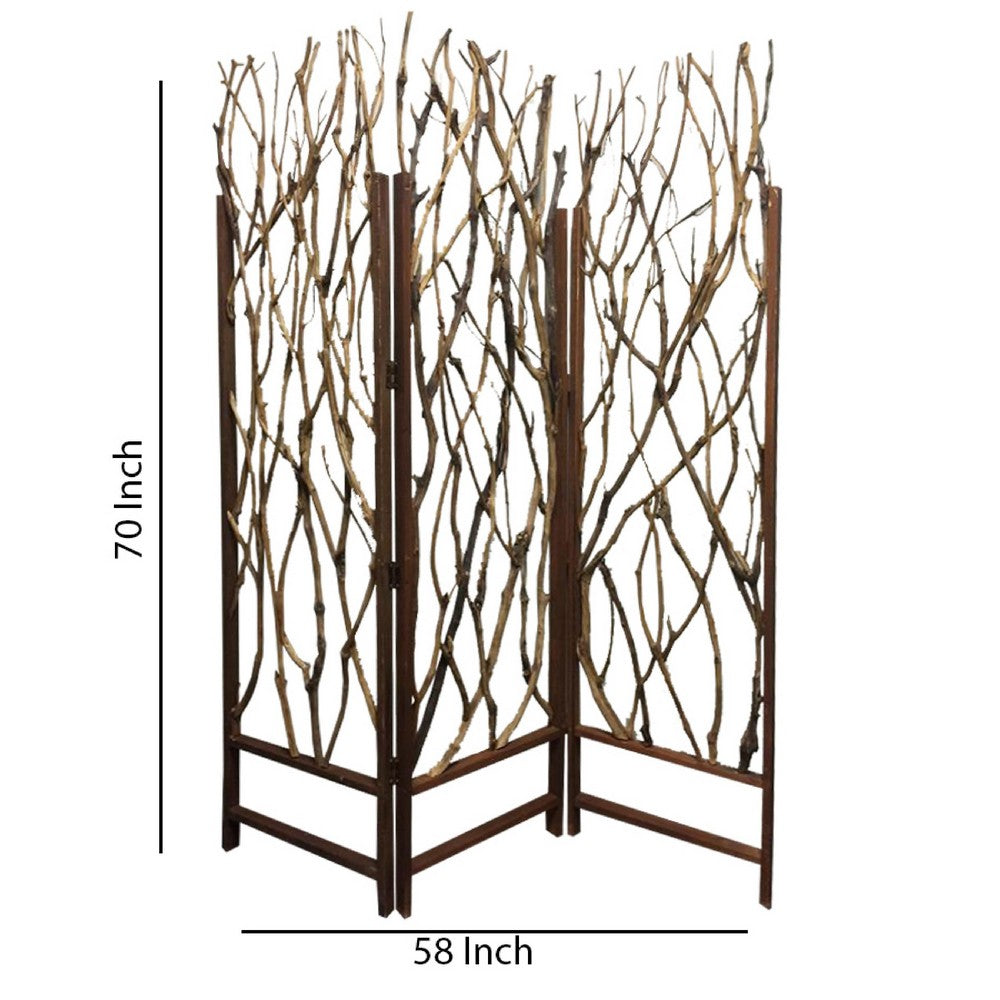 3 Panel Contemporary Foldable Wood Screen with Tree Branches, Brown - BM205387