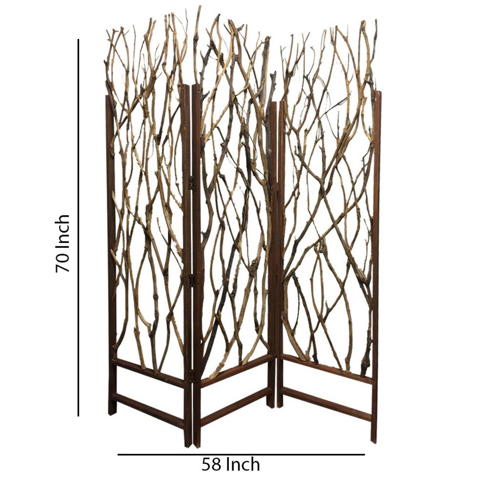 3 Panel Contemporary Foldable Wood Screen with Tree Branches, Brown - BM205387