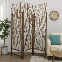 3 Panel Contemporary Foldable Wood Screen with Tree Branches, Brown - BM205387