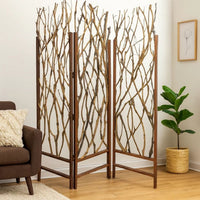 3 Panel Contemporary Foldable Wood Screen with Tree Branches, Brown - BM205387