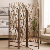 3 Panel Contemporary Foldable Wood Screen with Tree Branches, Brown - BM205387