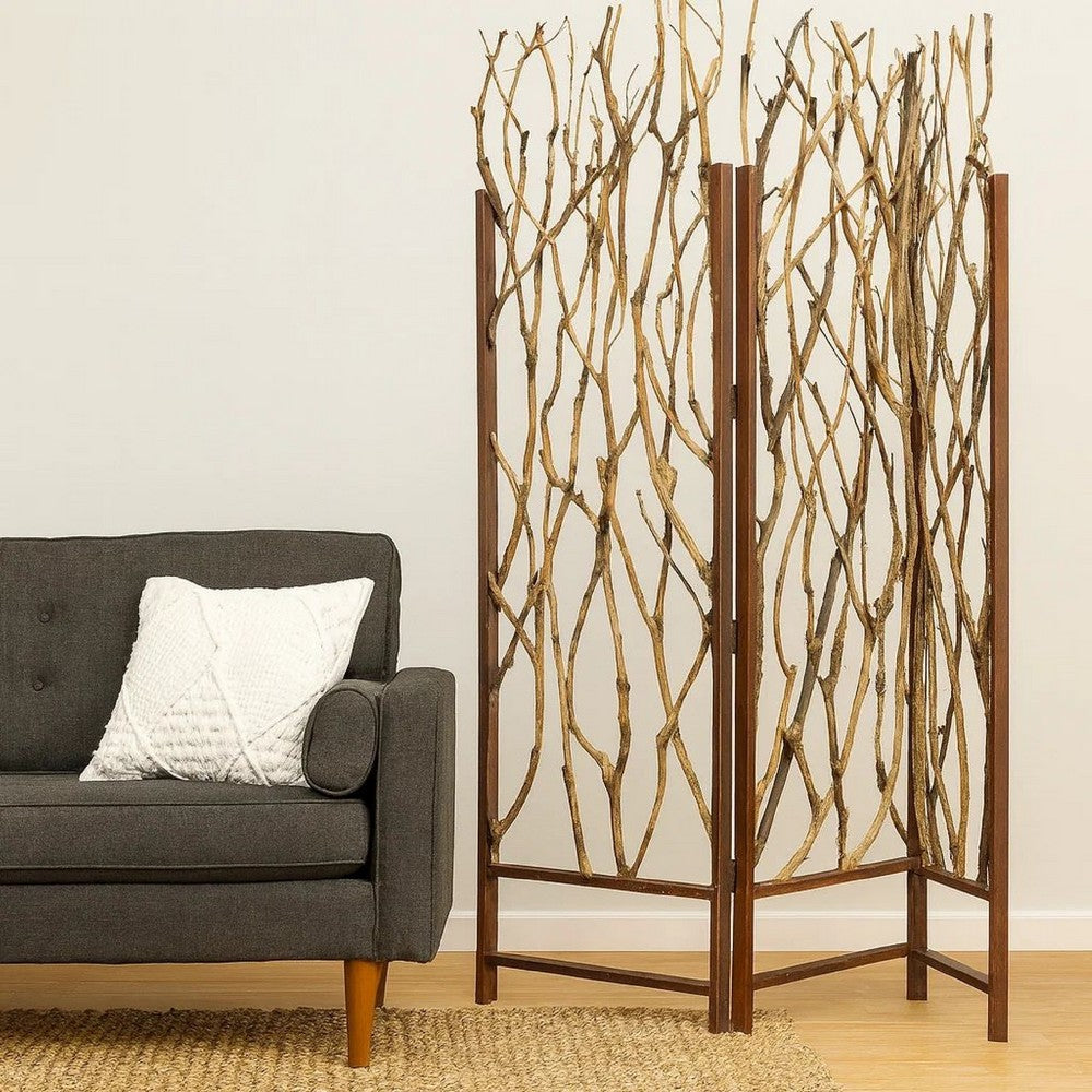 3 Panel Contemporary Foldable Wood Screen with Tree Branches, Brown - BM205387