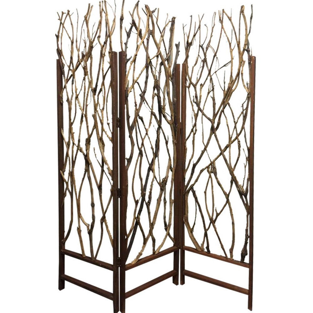 3 Panel Contemporary Foldable Wood Screen with Tree Branches, Brown - BM205387